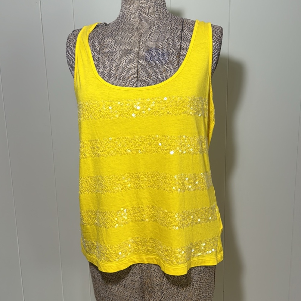 Banana Republic Womens Large Yellow Tank Top with Stripe Clear Sequins